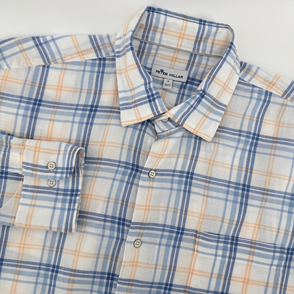 Peter Millar Button Down Mens Large White Plaid Nanolux Cotton Long Sleeve Shirt
